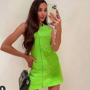 ZARA Tweed Green Dress Gold Medium